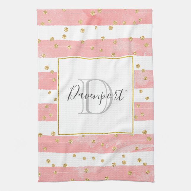  Pink Blush Stripes | Faux Gold Confetti Monogram Tea Towel (Vertical)