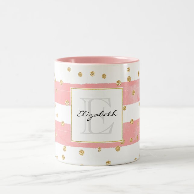  Pink Blush Stripes | Faux Gold Confetti Monogram Two-Tone Coffee Mug (Center)