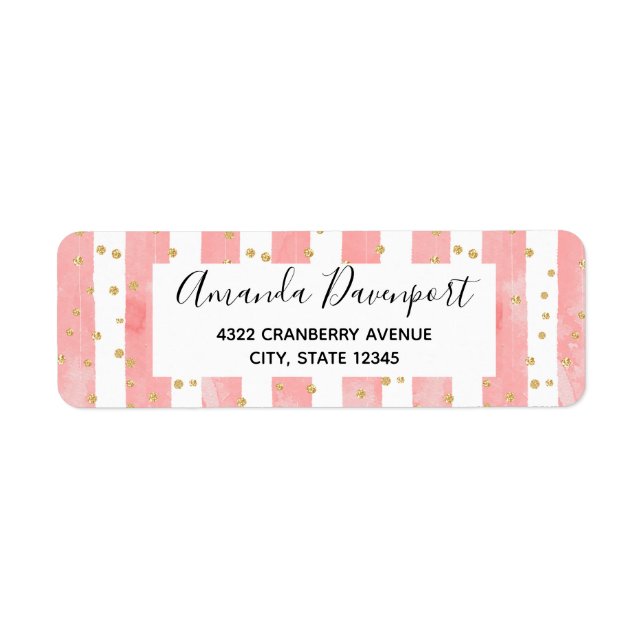 Pink Blush Stripes | Faux Gold Confetti Return Address Label (Front)