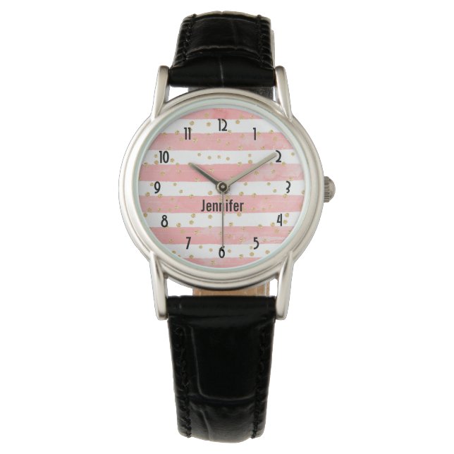 Pink Blush Stripes | Faux Gold Confetti Watch (Front)