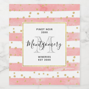 Pink Blush Stripes   Faux Gold Confetti Wine Maker Label