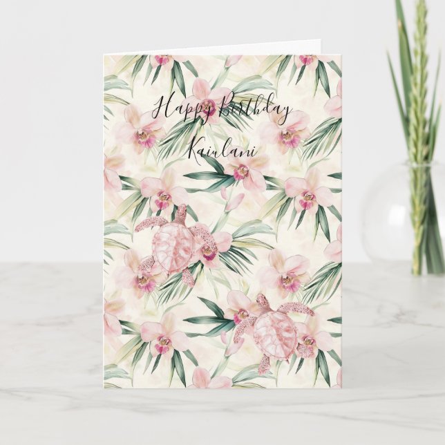 Pink Blush Stripes Orchid Sea Turtle Birthday Card (Front)