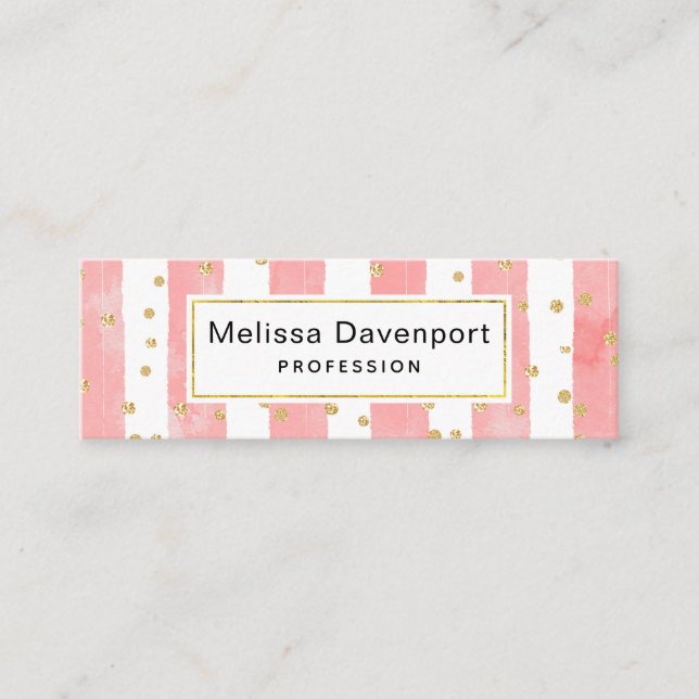 Pink Blush Stripes with Faux Gold Confetti Mini Business Card (Front)