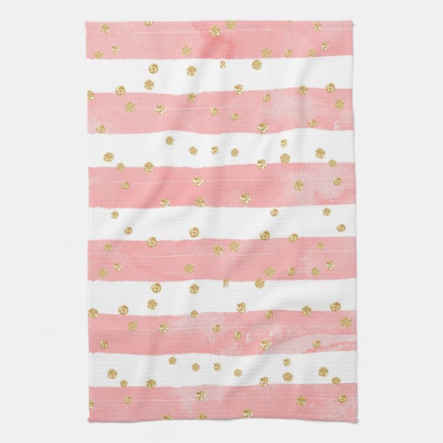  Pink Blush Stripes with Faux Gold Confetti Tea Towel (Vertical)