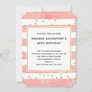Pink Blush Stripes with Gold Confetti Birthday Invitation