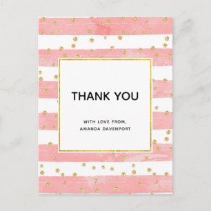 Pink Blush Stripes with Gold Confetti Thank You Postcard