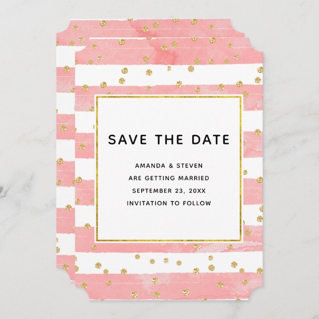 Pink Blush Stripes with Gold Confetti Wedding Save The Date (Front/Back)