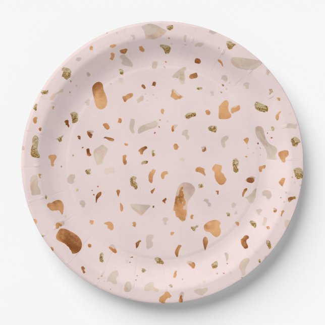 Pink Blush Terrazzo With Gold Copper Spots Paper Plate (Front)