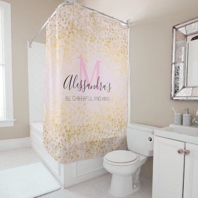 Pink Blush w/ Golden Sparkles Elegant Modern Shower Curtain (In Situ)