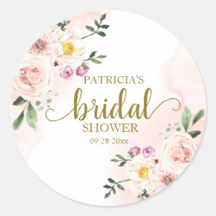 Pink Blush Watercolor Floral Bridal Shower Classic Round Sticker