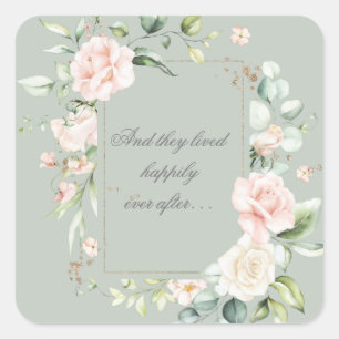 Pink Blush Watercolor Floral Happily Ever After Square Sticker