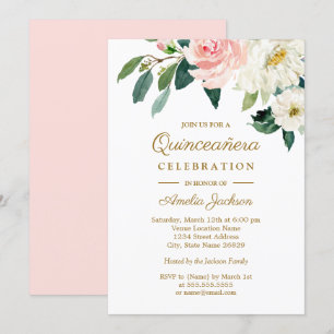 Pink Blush Watercolor Floral Quinceanera Invitation