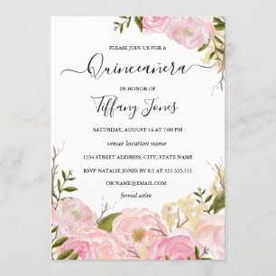 Pink Blush Watercolor Floral Quinceanera Invite