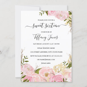 Pink Blush Watercolor Floral Sweet Sixteen Invite