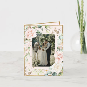 Pink Blush Watercolor Photo Floral Wedding Thank You Card