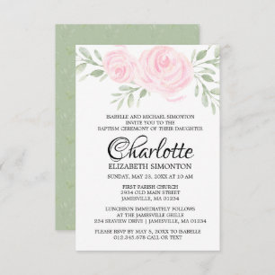 Pink Blush Watercolor Roses Baptism Invitation