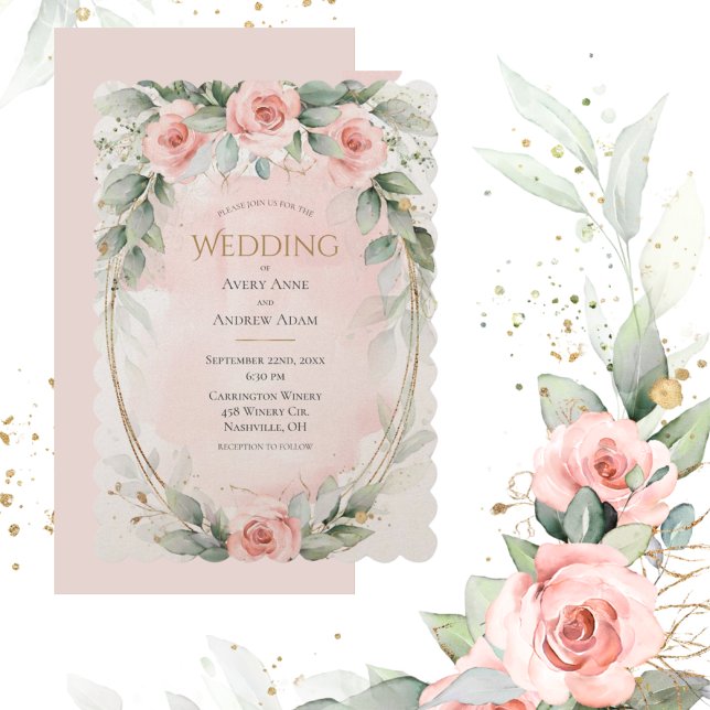 Pink Blush Watercolor Roses Elegant Wedding Invitation (Creator Uploaded)