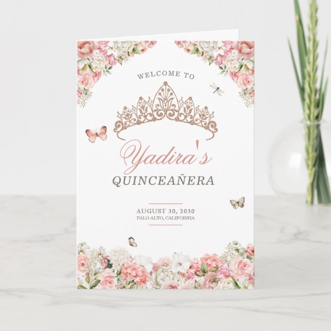 Pink Blush White Floral Butterfly Quinceanera  Program (Front)