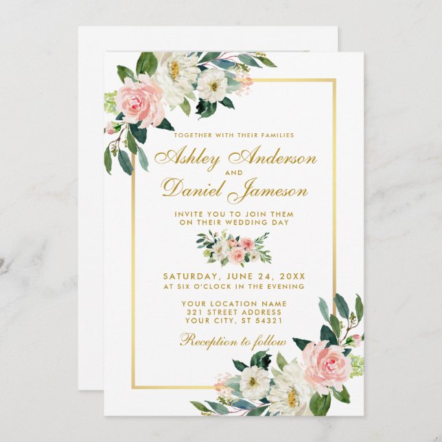 Pink Blush White Floral Gold Wedding Photo Back Invitation (Front/Back)