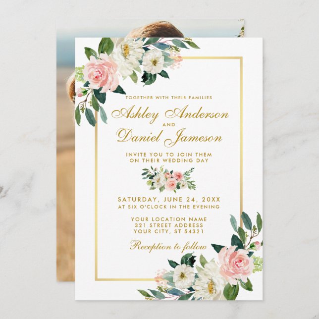 Pink Blush White Floral Gold Wedding Photo Invitation (Front/Back)
