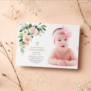 Pink Blush White Floral Photo Girl Christening Invitation
