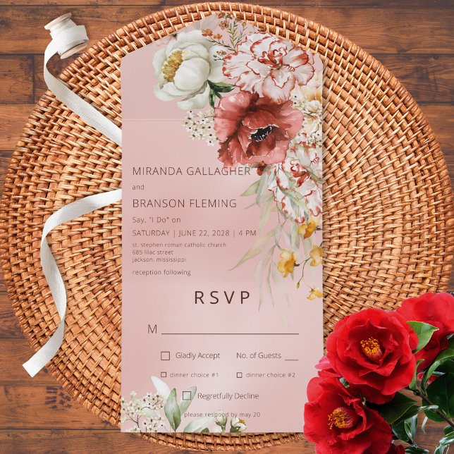 Pink Blush & White Modern Floral Pink Dinner All In One Invitation (Creator Uploaded)