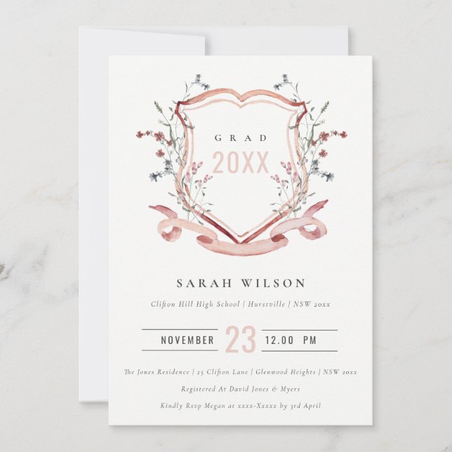 Pink Blush Wildflower Watercolor Crest Graduation Invitation (Front)