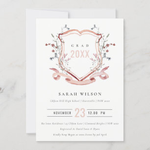 Pink Blush Wildflower Watercolor Crest Graduation Invitation