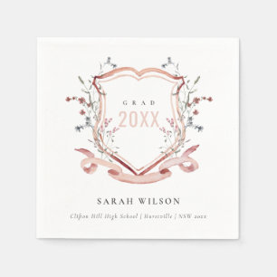 Pink Blush Wildflower Watercolor Crest Graduation Napkin