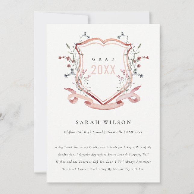 Pink Blush Wildflower Watercolor Crest Graduation Thank You Card (Front)