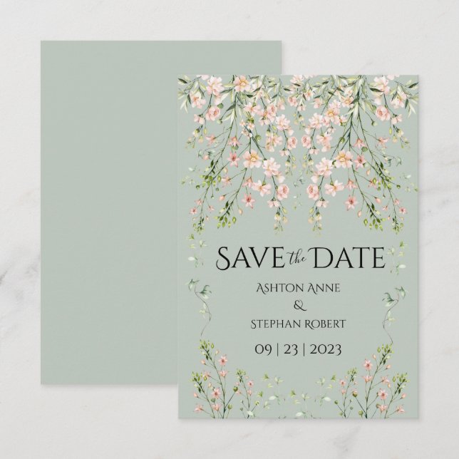 Pink Blush Wildflowers Sage Green Wedding Save The Date (Front/Back)