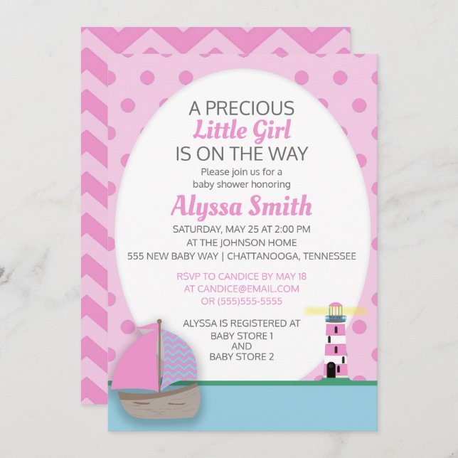 Pink Boat and Lighthouse Baby Girl Shower Invite (Front/Back)