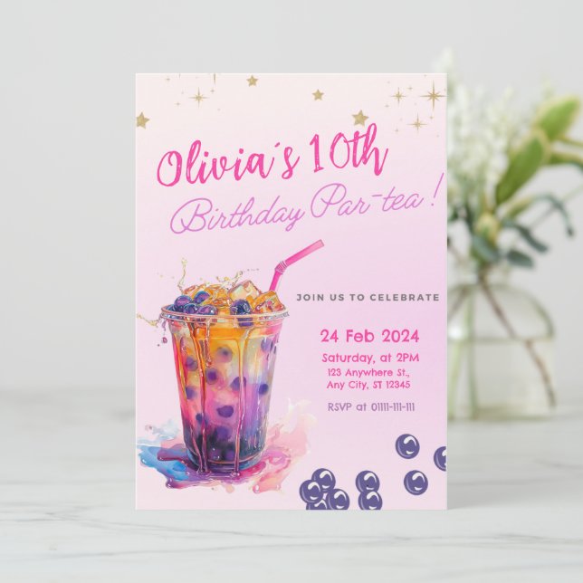 Pink Boba Tea Girl Birthday Party Invitation Teen (Standing Front)