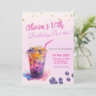 Pink Boba Tea Girl Birthday Party Invitation Teen