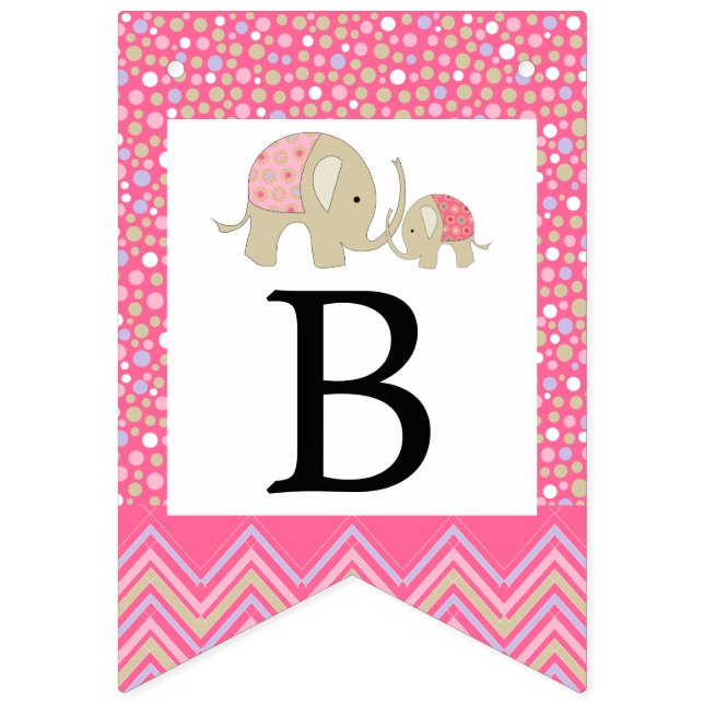 Pink Bohemian Elephant and Chevron Baby Shower Bunting (Third Flag)
