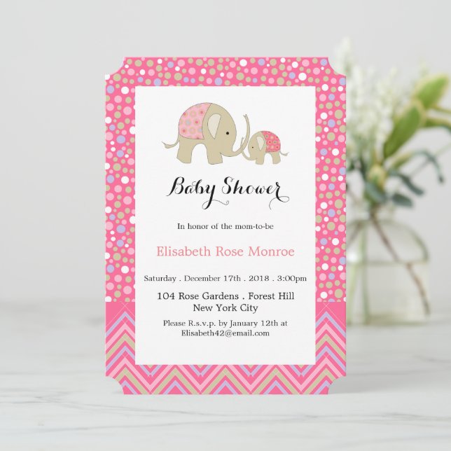 Pink Bohemian Elephant and Chevron Baby Shower Invitation (Standing Front)
