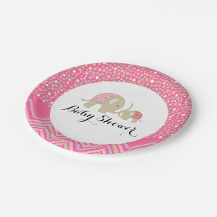 Pink Bohemian Elephant and Chevron Baby Shower Paper Plate