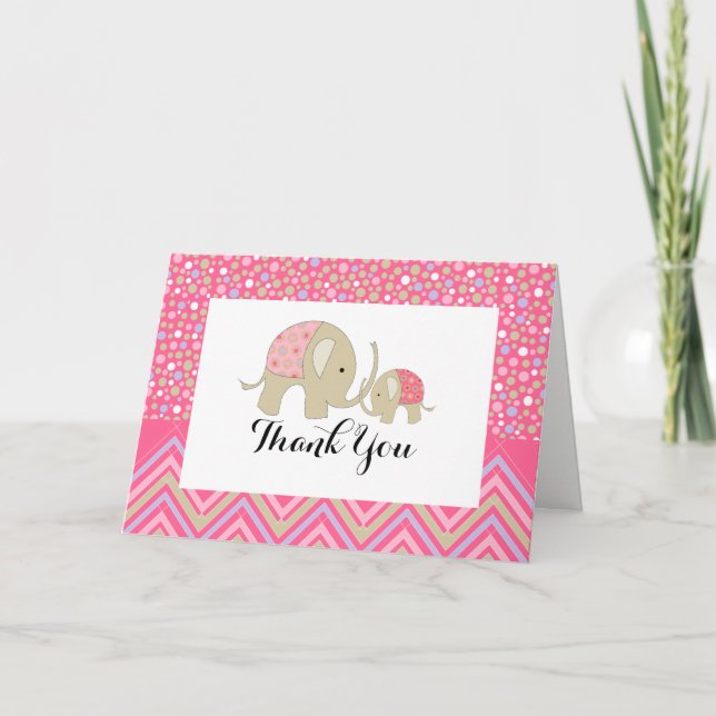 Pink Bohemian Elephant & Chevron Baby Thank You Card (Front)