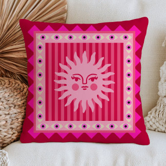 Pink Bohemian Sun Face on Stripes Evil Eyes Funky Cushion