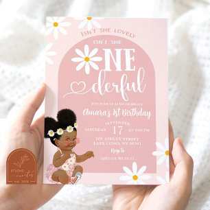 Pink Boho Arch Daisy Afro African First Birthday Invitation