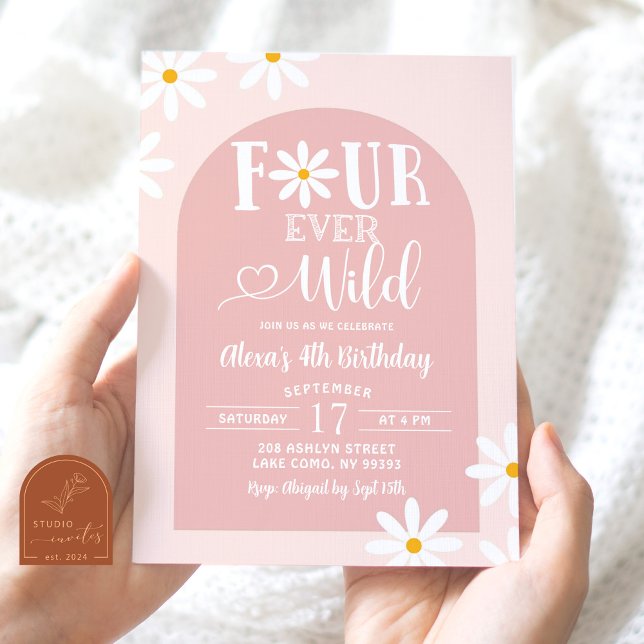 Pink Boho Arch Daisy Fourever Wild Birthday Invitation (Creator Uploaded)