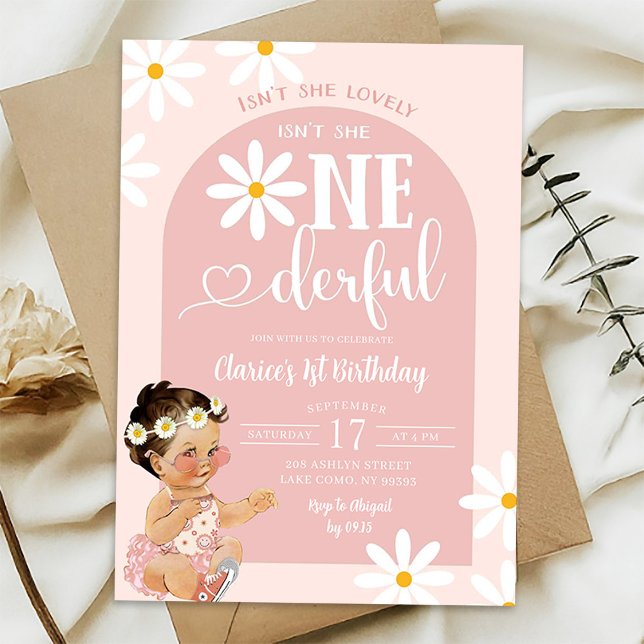 Pink Boho Arch Daisy Mexican Girl First Birthday Invitation (Creator Uploaded)