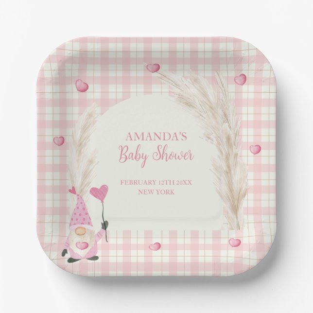 Pink Boho Arch Gingham Sweetheart Baby Shower Paper Plate (Front)