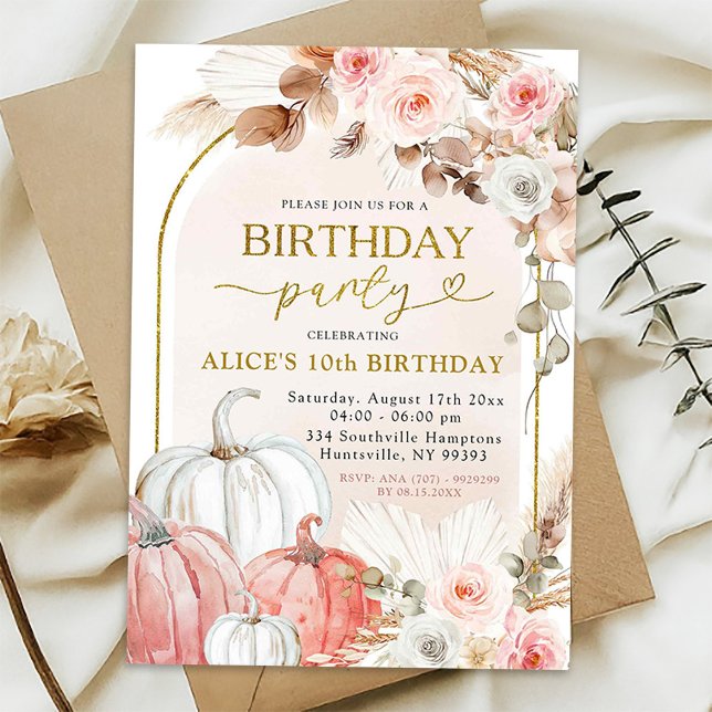 Pink Boho Arch Wild Pumpkin Fall Birthday Party Invitation (Creator Uploaded)