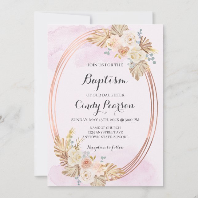Pink Boho baptism invitation for girl (Front)