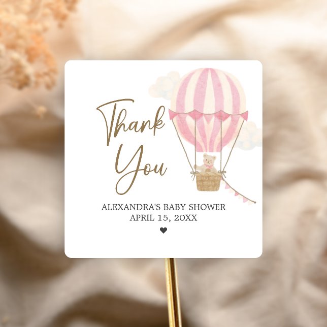 Pink Boho Bear Baby Shower  Square Sticker (Oh Baby Bear Baby Shower Sticker)