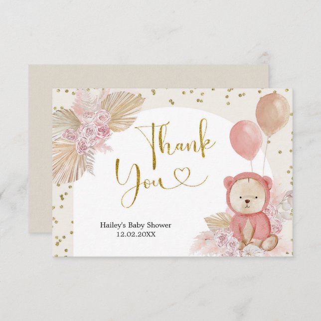 Pink Boho Bear Baby Shower Thank You Card (Front/Back)