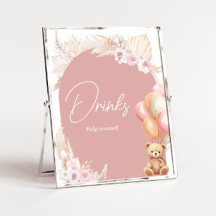 Pink Boho Bear Balloon Baby Shower Drinks Poster