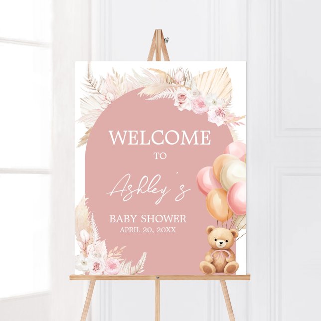 Pink Boho Bear Balloon Baby Shower Welcome Poster (We Can Bearly Wait Baby Shower Welcome Sign)