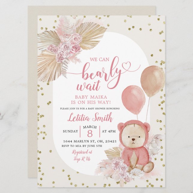 Pink Boho Bearly Wait Girl Baby Shower Invitation (Front/Back)